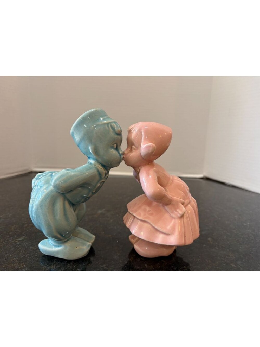 Vintage Ceramic Kissing Dutch Boy and Girl, Pink and Blue